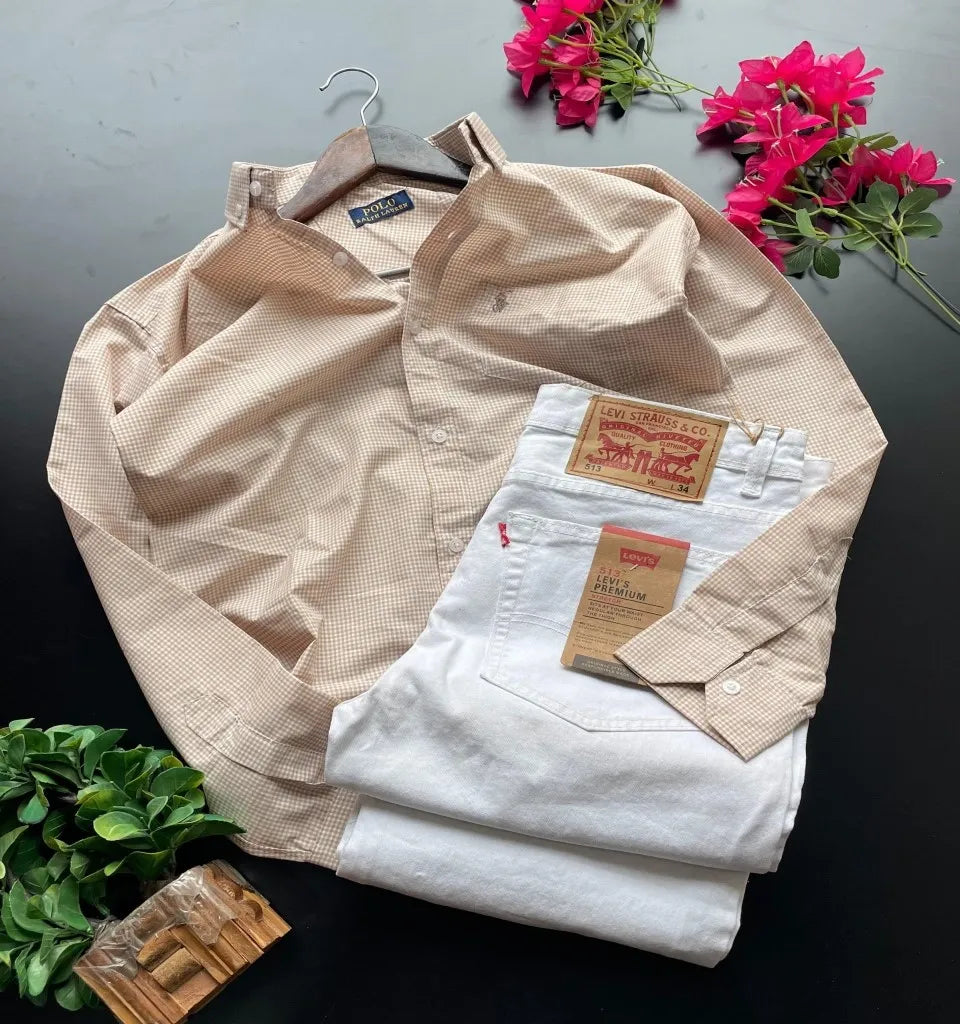 Polo Small Checks Shirt paired with White Jeans. Crafted from premium Paper Cotton fabric