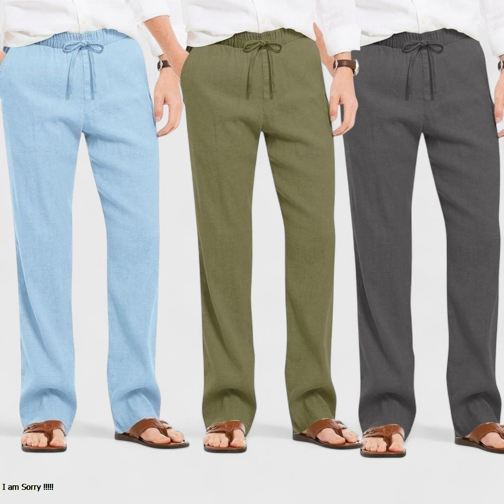 Combo of 3 Linen Loose Fit Men Pant Dark Gray-Olive Green and Blue-50424