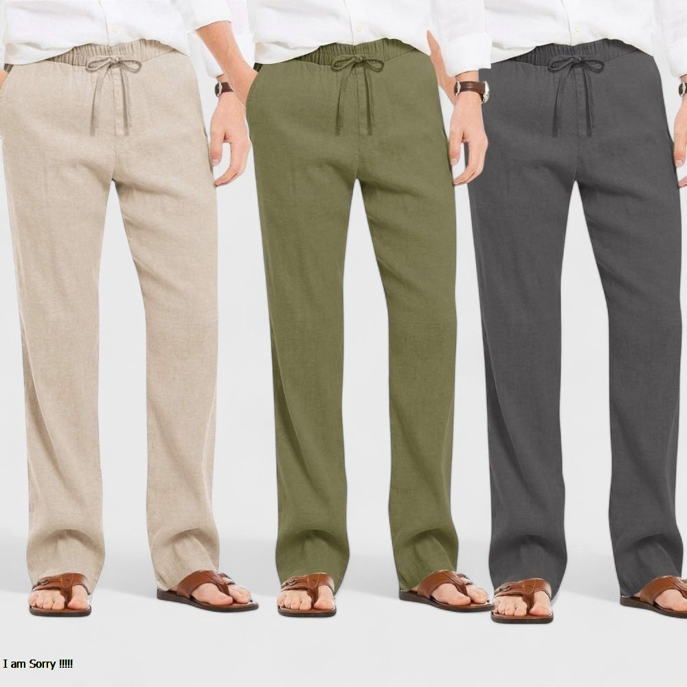 Combo of 3 Linen Loose Fit Men Pant Dark Gray-Olive Green and Light Beige-50455