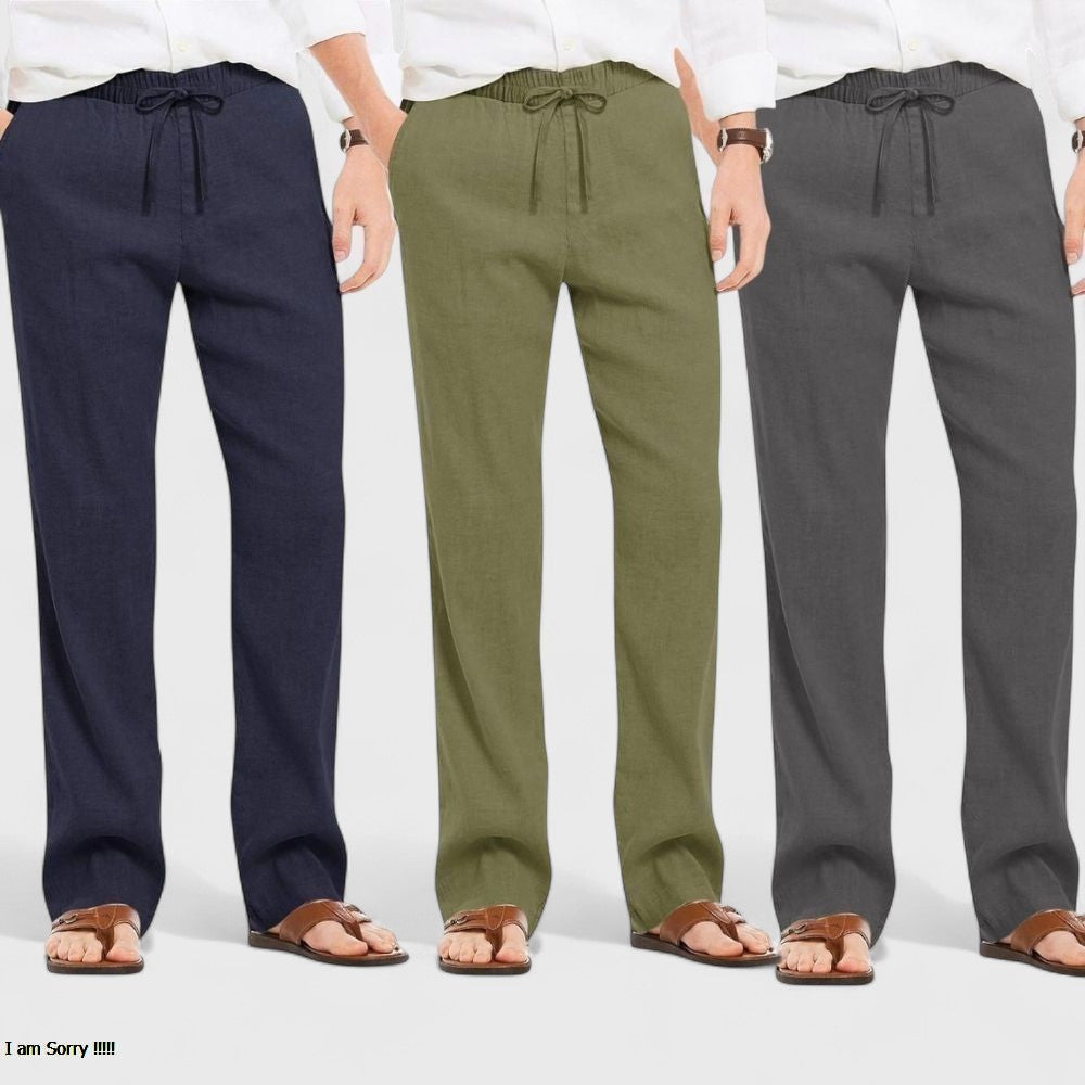 Combo of 3 Linen Loose Fit Men Pant Dark Gray-Olive Green and Navy Blue-50458