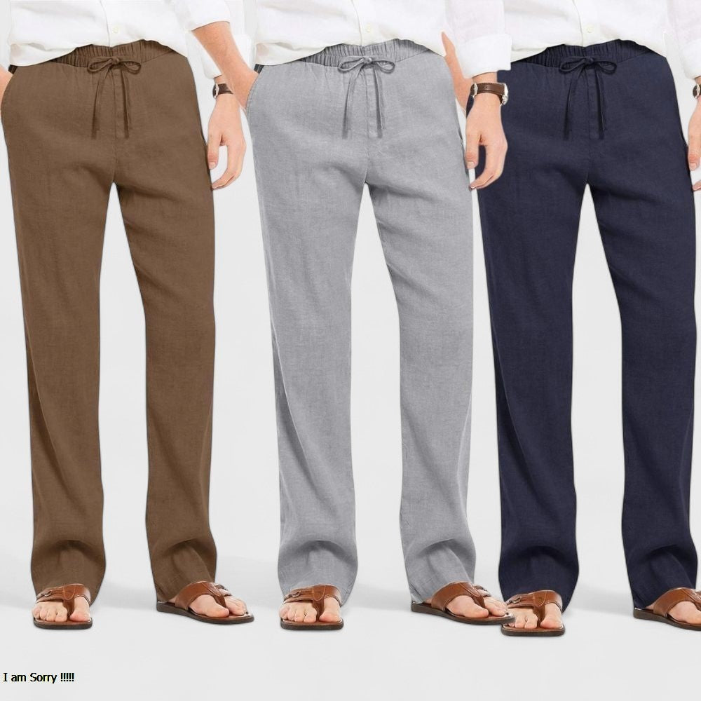 Combo of 3 Linen Loose Fit Men Pant Navy Blue-Gray and Brown-50428