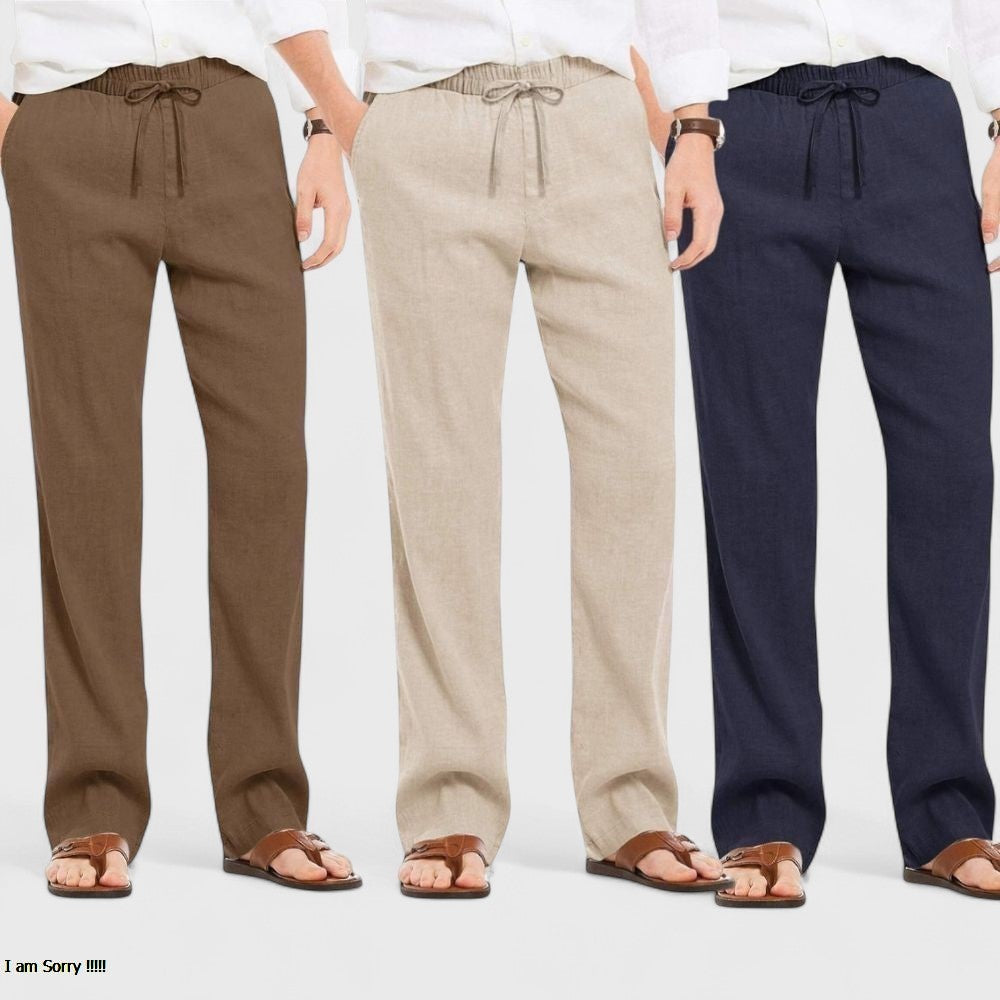 Combo of 3 Linen Loose Fit Men Pant Navy Blue-Light Beige and Brown-50432