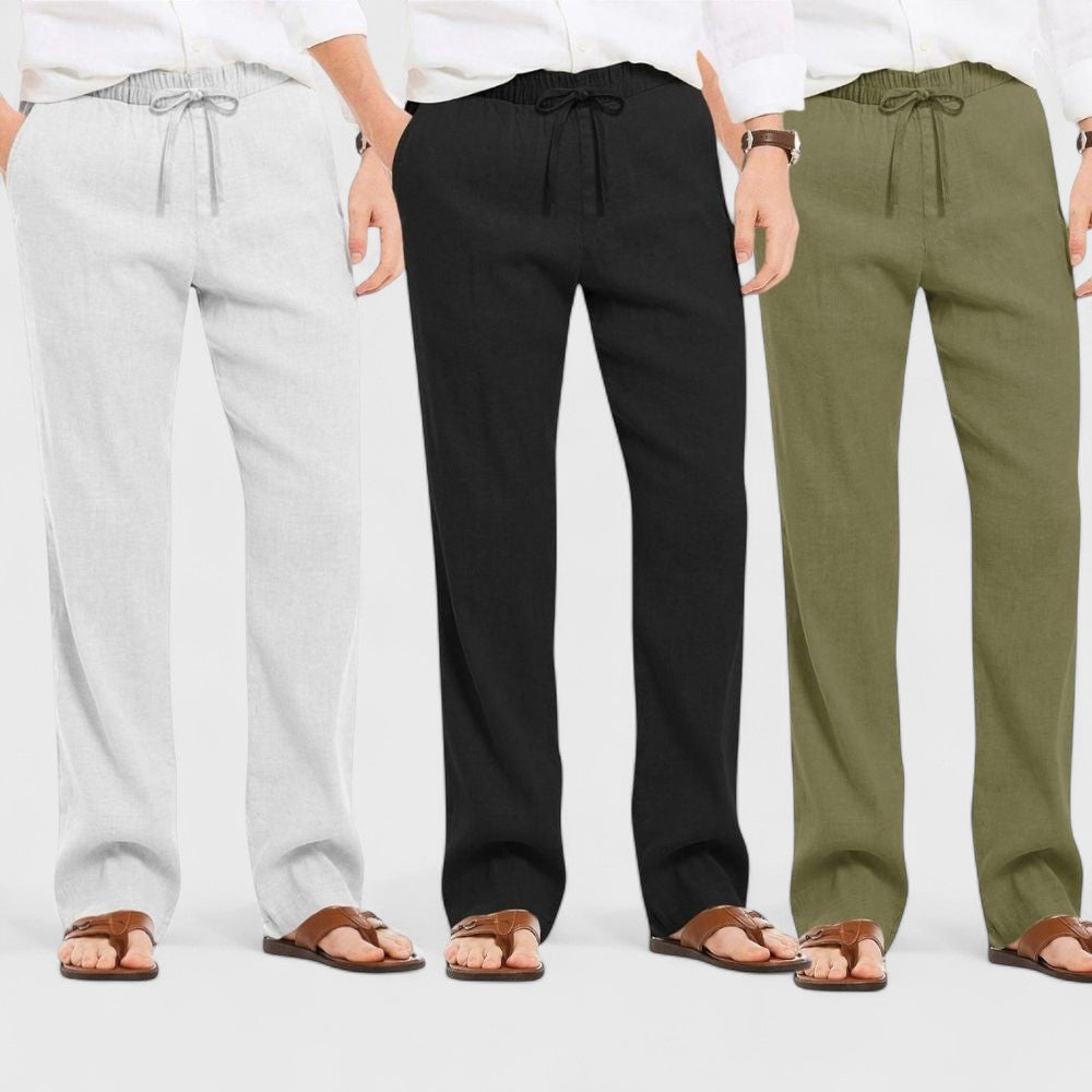 Combo of 3 Linen Loose Fit Men Pant Olive Green-Black and Light Gray-50347