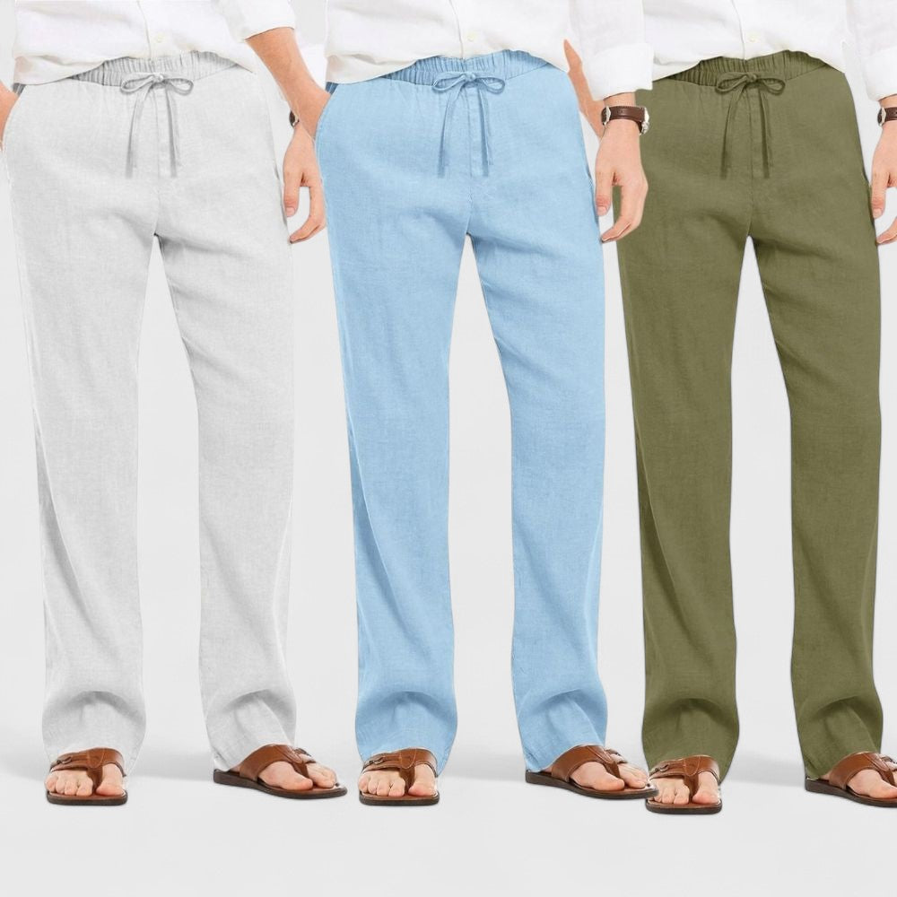 Combo of 3 Linen Loose Fit Men Pant Olive Green-Blue and Light Gray-50354