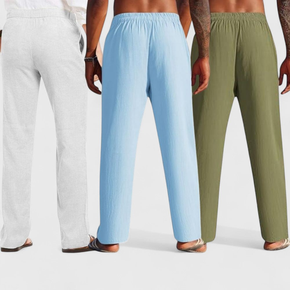 Combo of 3 Linen Loose Fit Men Pant Olive Green-Blue and Light Gray-50354