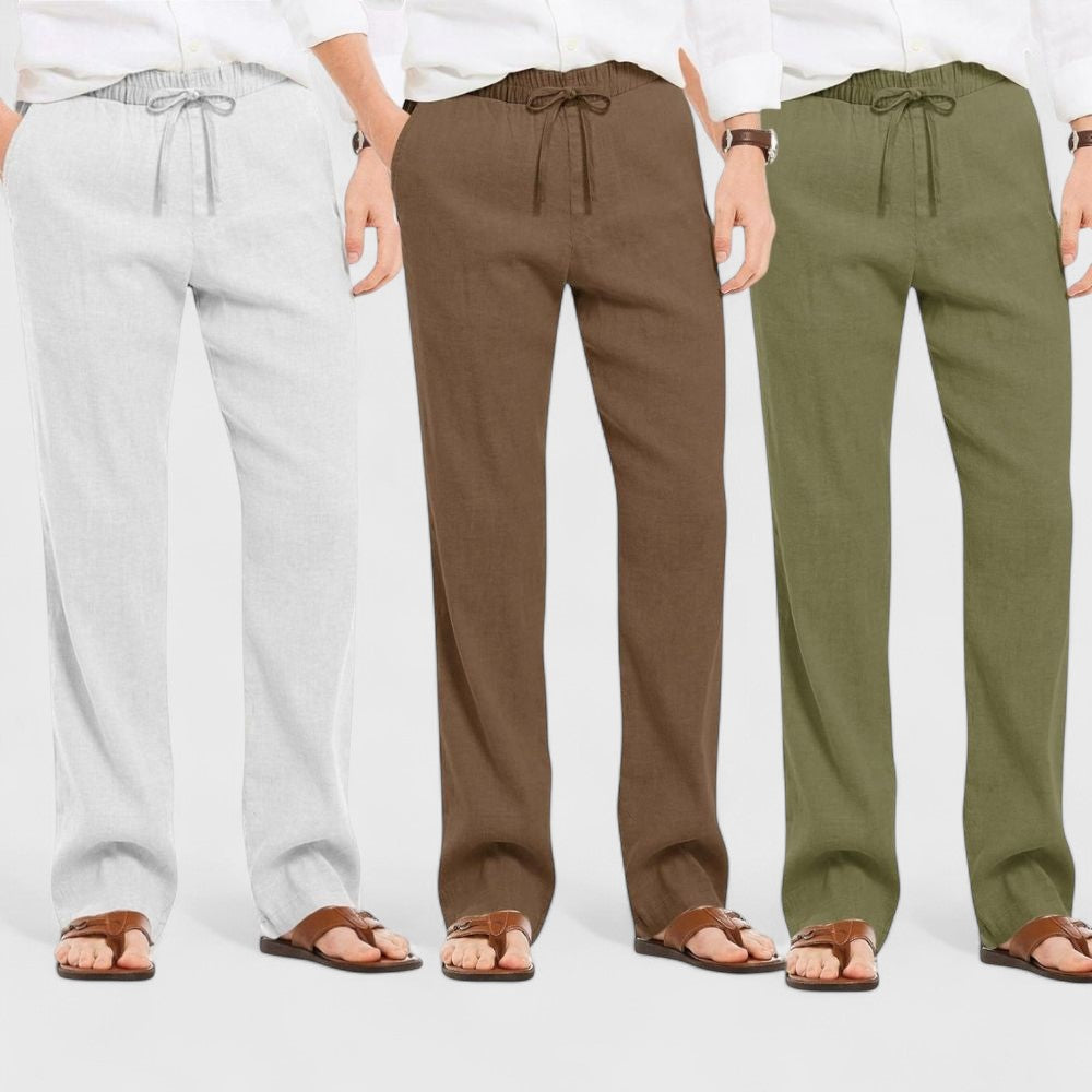 Combo of 3 Linen Loose Fit Men Pant Olive Green-Brown and Light Gray-50360