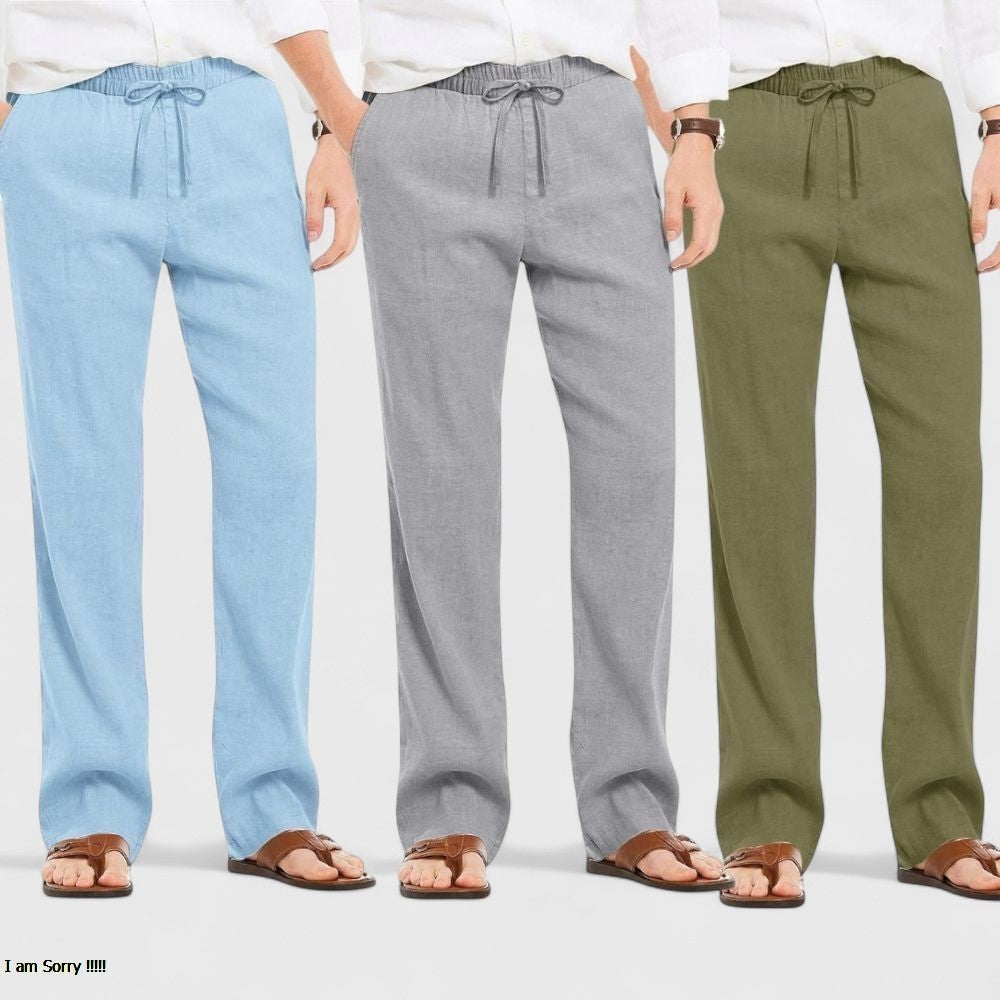 Combo of 3 Linen Loose Fit Men Pant Olive Green-Gray and Blue-50414