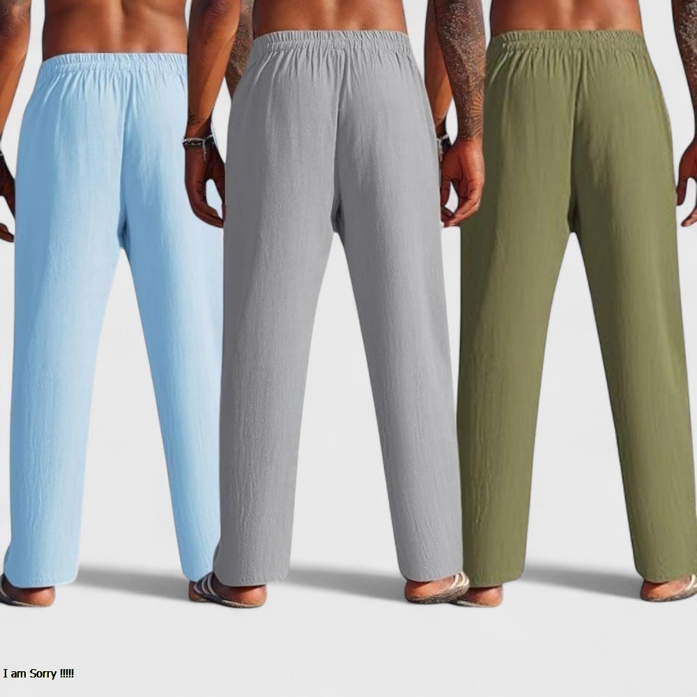 Combo of 3 Linen Loose Fit Men Pant Olive Green-Gray and Blue-50414