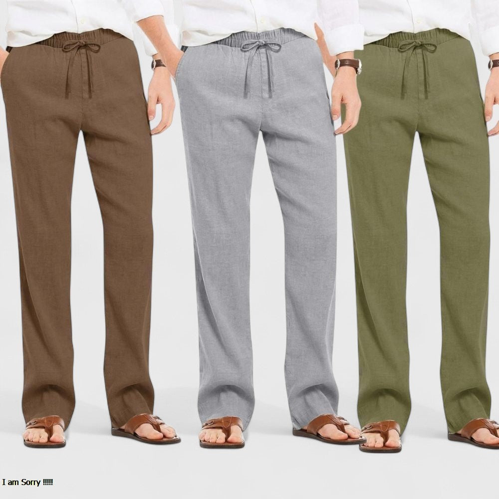 Combo of 3 Linen Loose Fit Men Pant Olive Green-Gray and Brown-50429