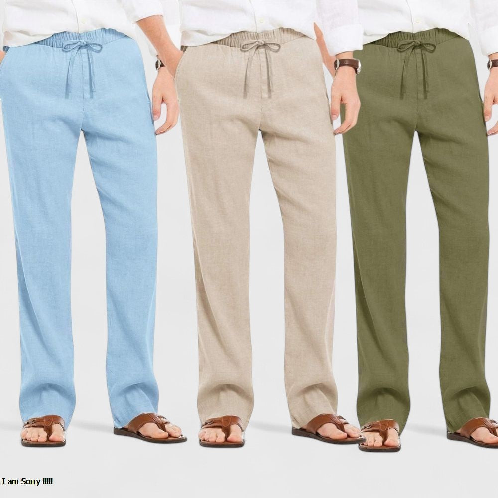 Combo of 3 Linen Loose Fit Men Pant Olive Green-Light Beige and Blue-50418