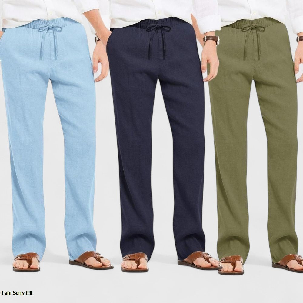 Combo of 3 Linen Loose Fit Men Pant Olive Green-Navy Blue and Blue-50421