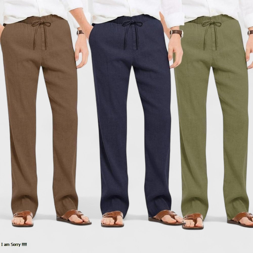 Combo of 3 Linen Loose Fit Men Pant Olive Green-Navy Blue and Brown-50436