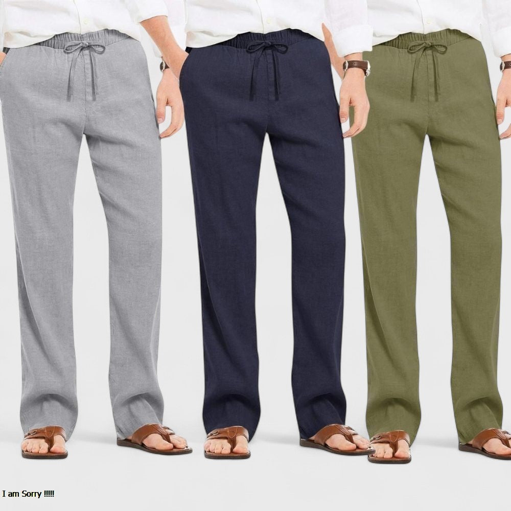 Combo of 3 Linen Loose Fit Men Pant Olive Green-Navy Blue and Gray-50446