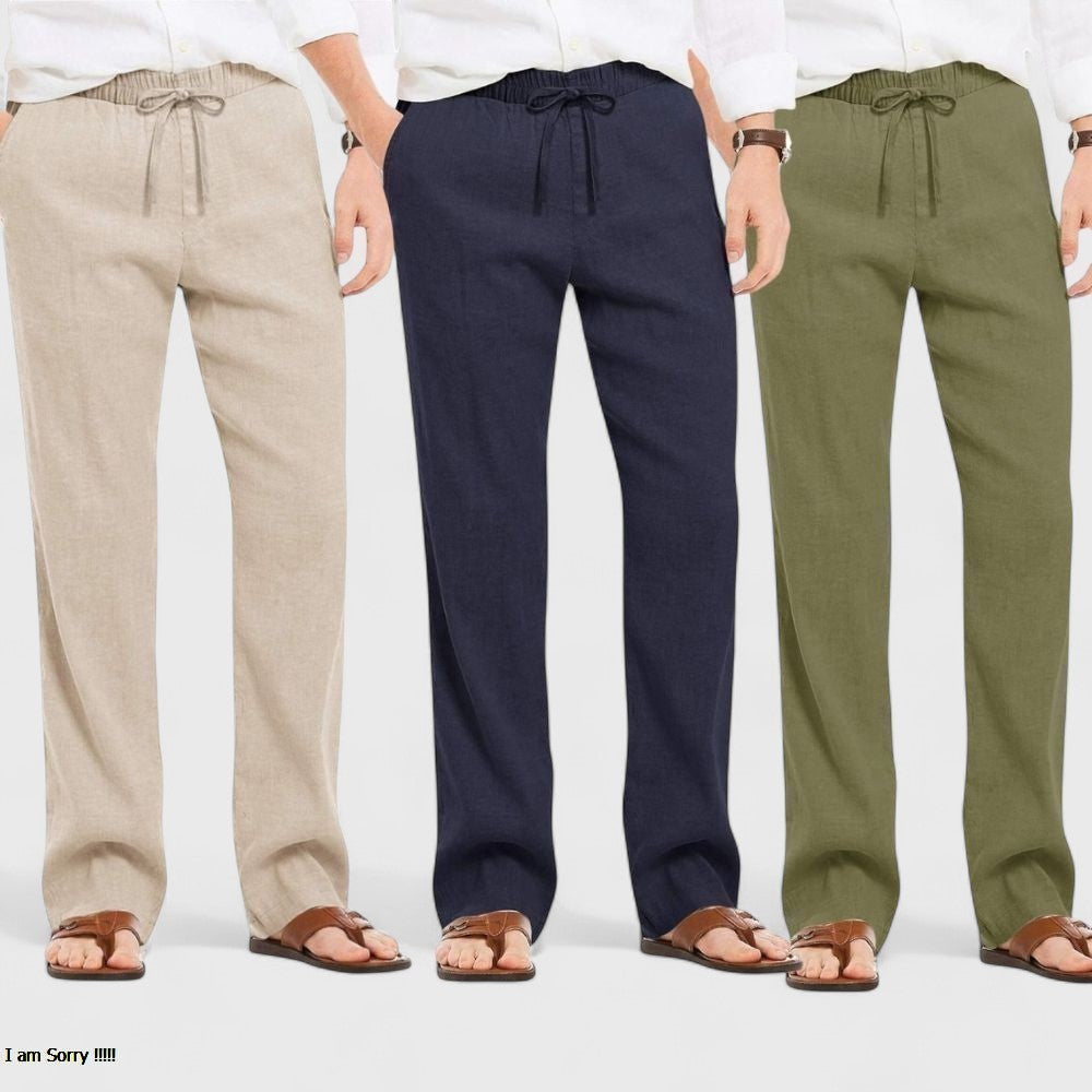 Combo of 3 Linen Loose Fit Men Pant Olive Green-Navy Blue and Light Beige-50452