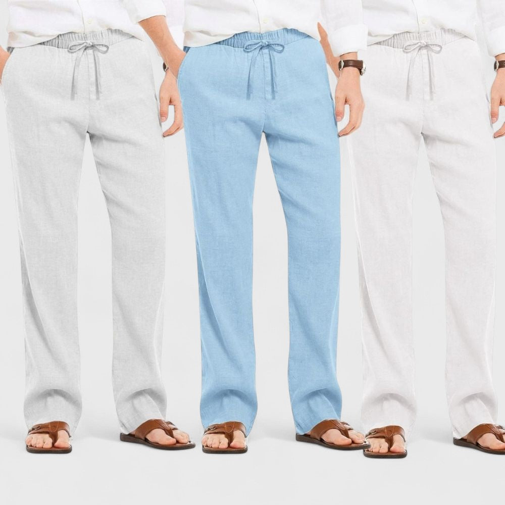 Combo of 3 Linen Loose Fit Men Pant White-Blue and Light Gray-50356