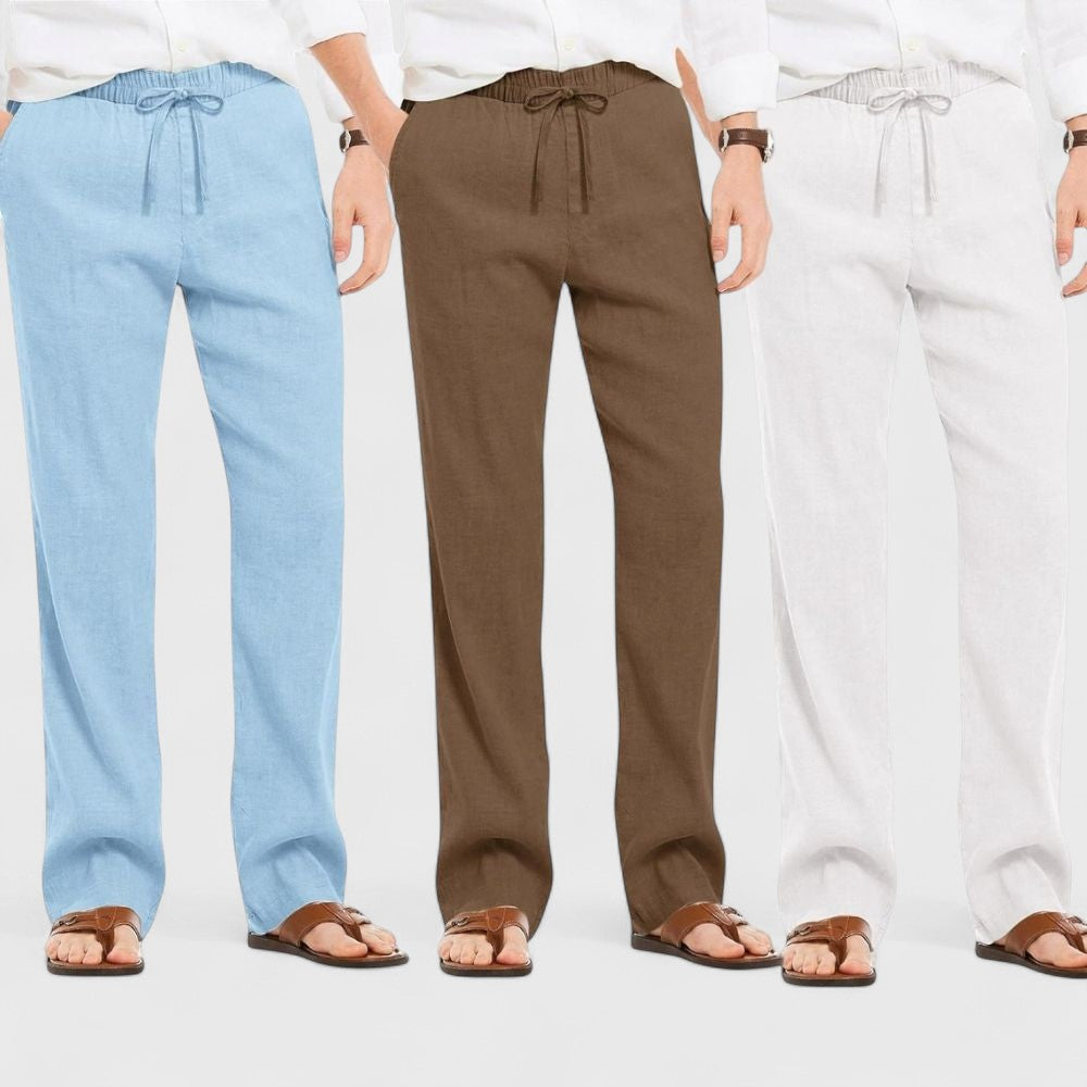 Combo of 3 Linen Loose Fit Men Pant White-Brown and Blue-50411