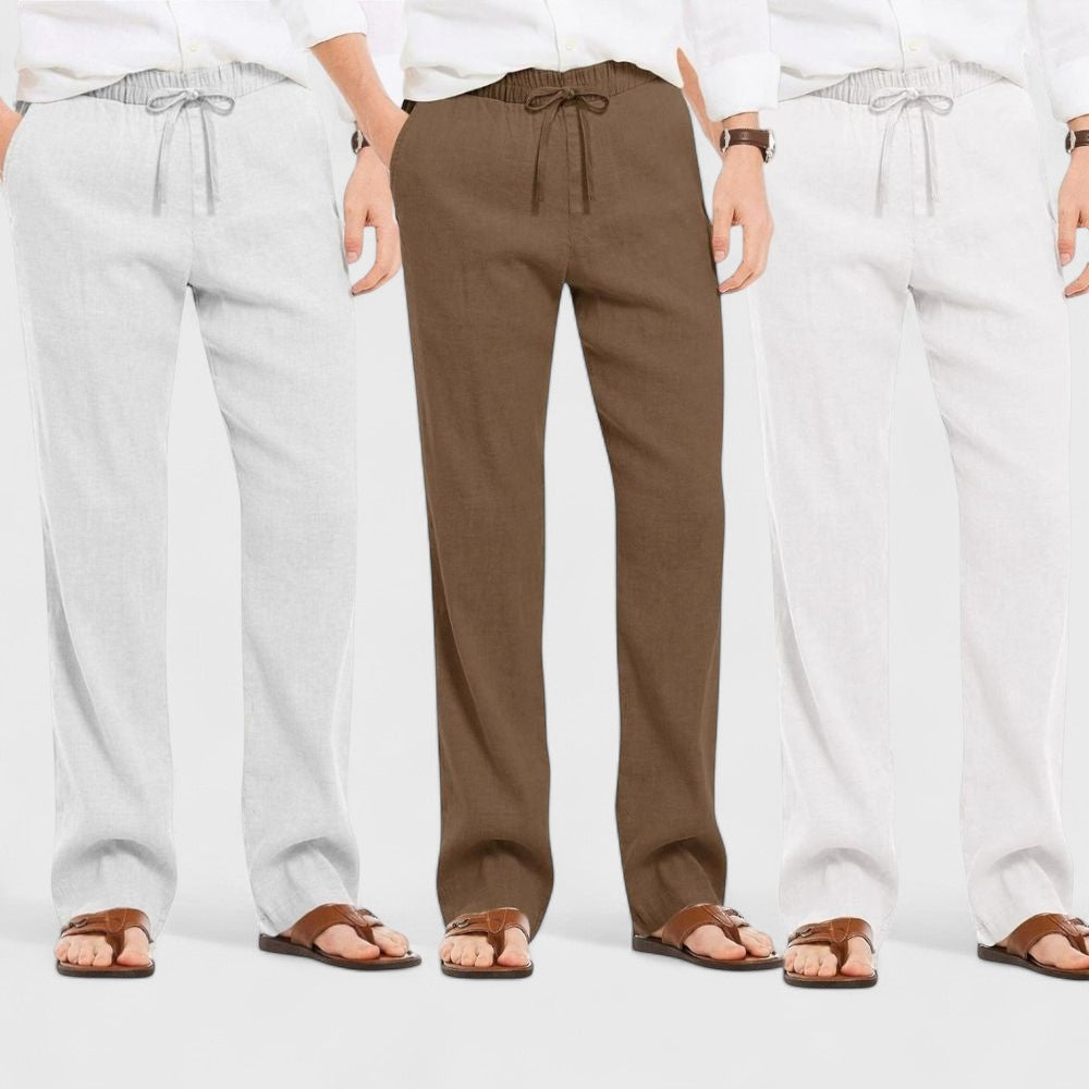 Combo of 3 Linen Loose Fit Men Pant White-Brown and Light Gray-50362