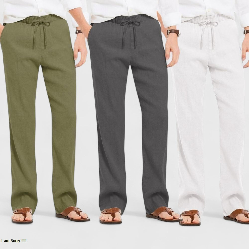 Combo of 3 Linen Loose Fit Men Pant White-Dark Gray and Olive Green-50461