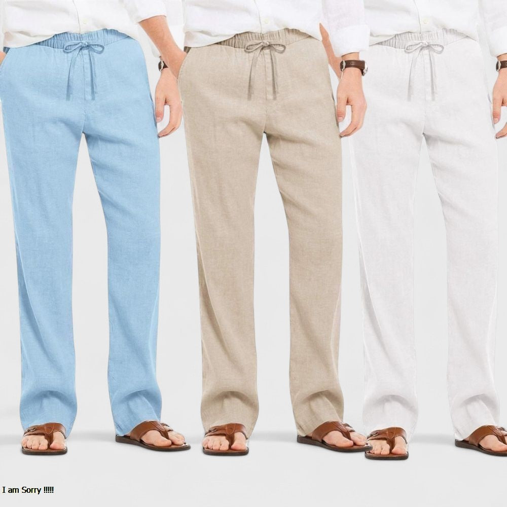Combo of 3 Linen Loose Fit Men Pant White-Light Beige and Blue-50420