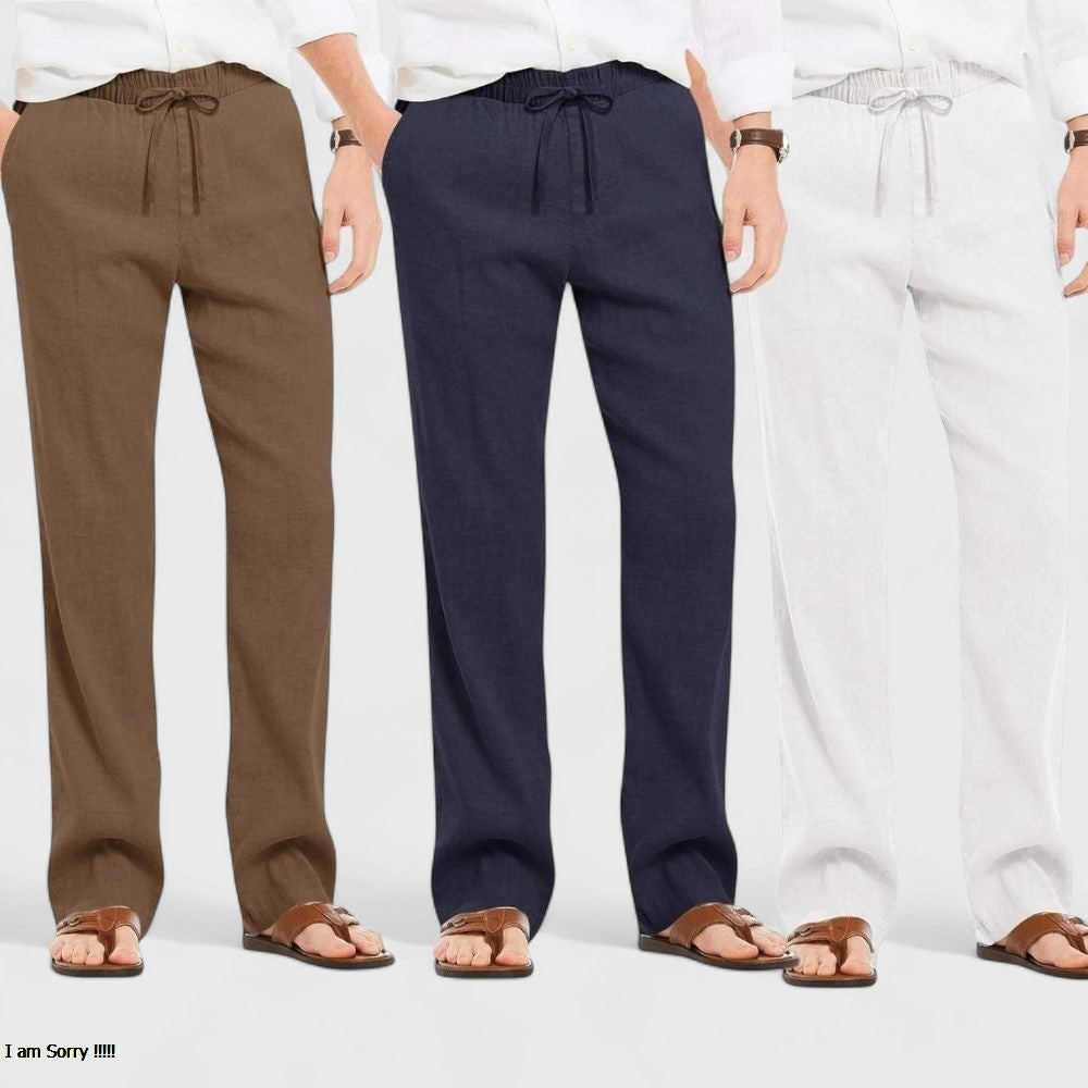 Combo of 3 Linen Loose Fit Men Pant White-Navy Blue and Brown-50438