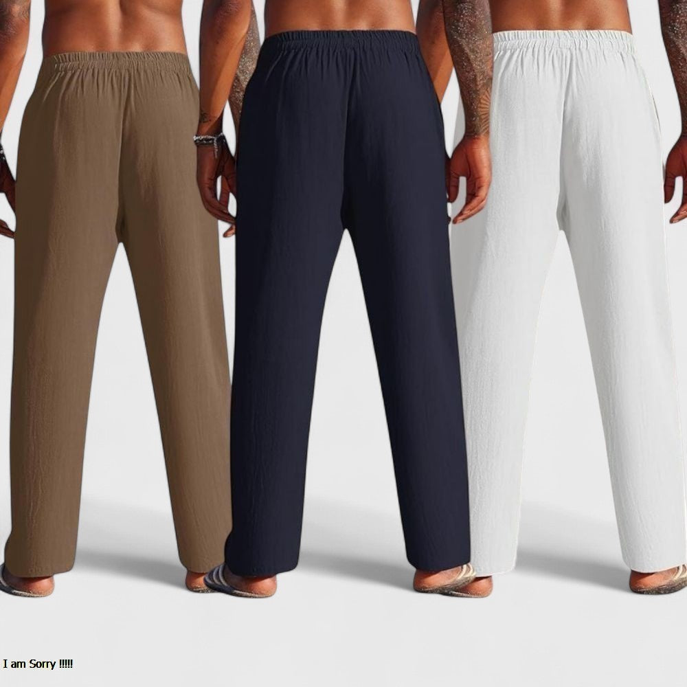 Combo of 3 Linen Loose Fit Men Pant White-Navy Blue and Brown-50438