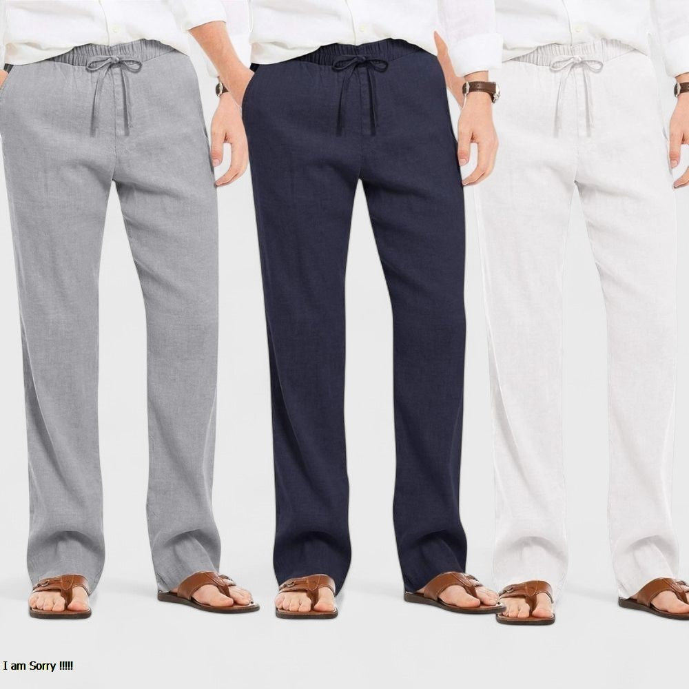 Combo of 3 Linen Loose Fit Men Pant White-Navy Blue and Gray-50448