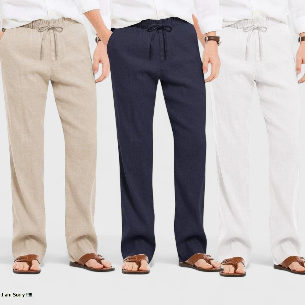 Combo of 3 Linen Loose Fit Men Pant White-Navy Blue and Light Beige-50454