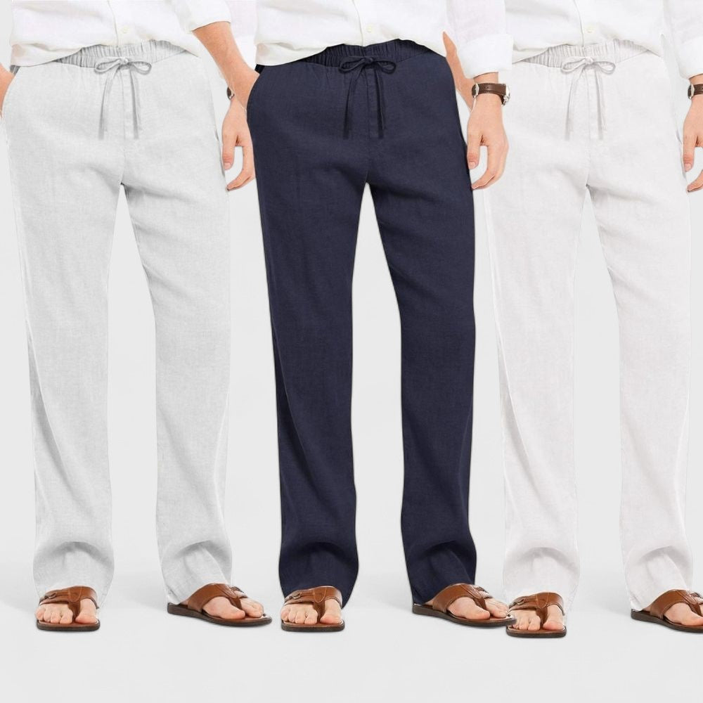 Combo of 3 Linen Loose Fit Men Pant White-Navy Blue and Light Gray-50374