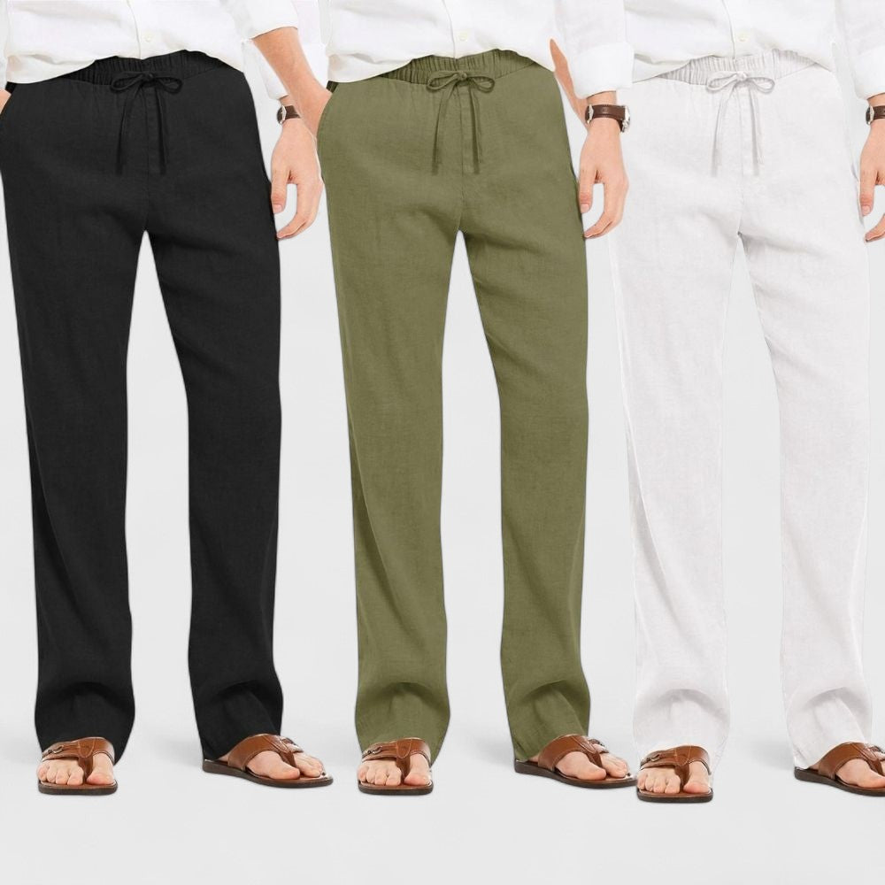 Combo of 3 Linen Loose Fit Men Pant White-Olive Green and Black-50404