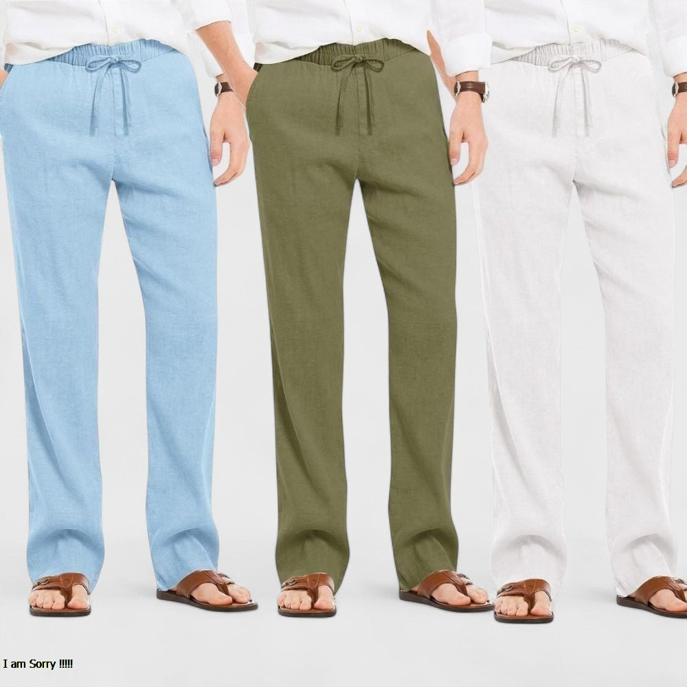 Combo of 3 Linen Loose Fit Men Pant White-Olive Green and Blue-50425