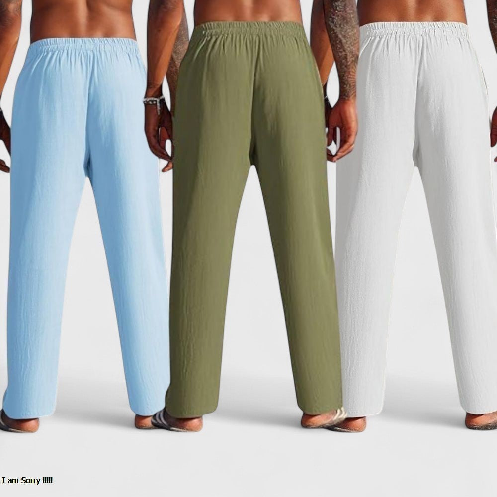 Combo of 3 Linen Loose Fit Men Pant White-Olive Green and Blue-50425