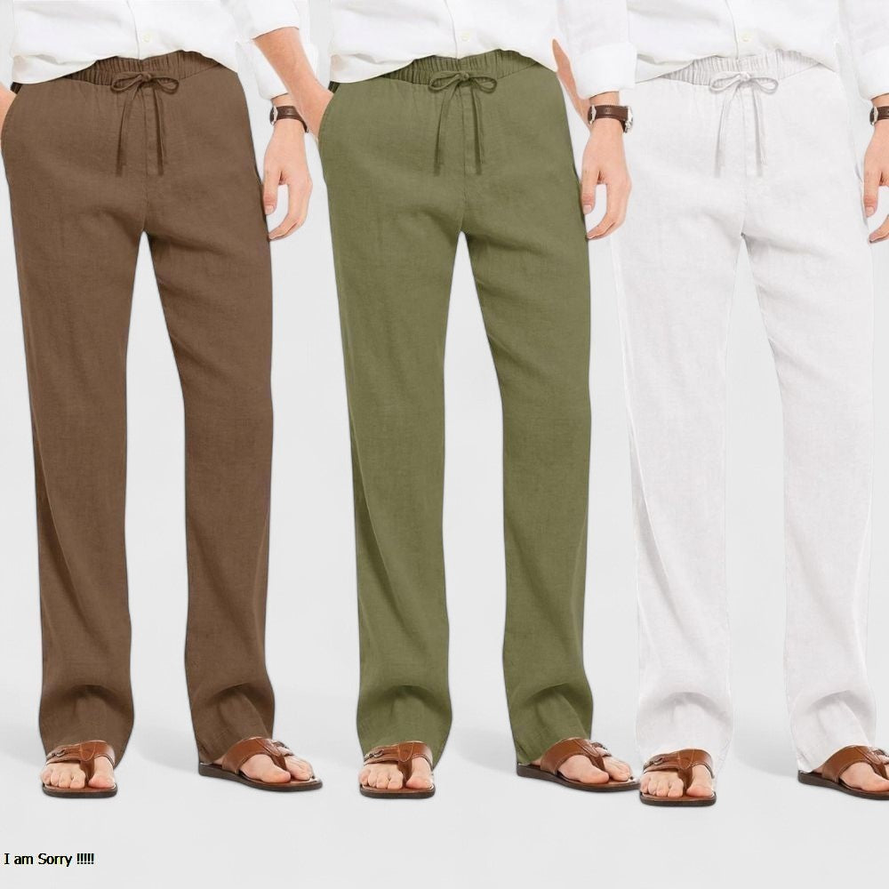 Combo of 3 Linen Loose Fit Men Pant White-Olive Green and Brown-50440