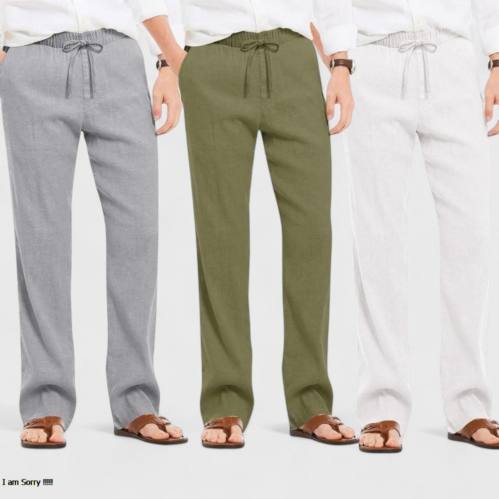 Combo of 3 Linen Loose Fit Men Pant White-Olive Green and Gray-50450