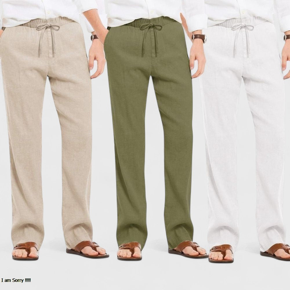 Combo of 3 Linen Loose Fit Men Pant White-Olive Green and Light Beige-50456