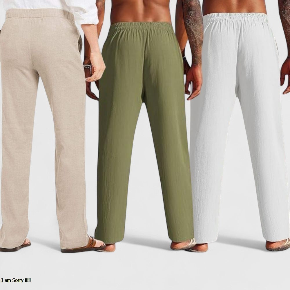 Combo of 3 Linen Loose Fit Men Pant White-Olive Green and Light Beige-50456
