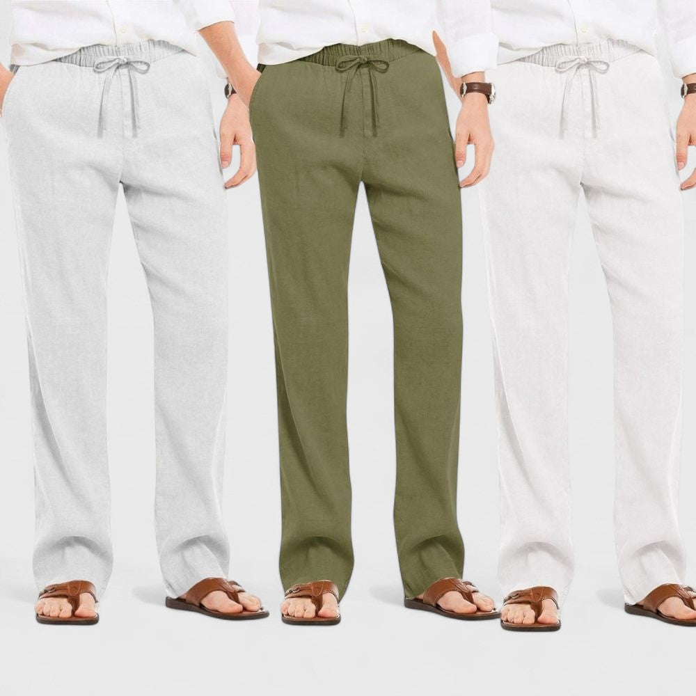 Combo of 3 Linen Loose Fit Men Pant White-Olive Green and Light Gray-50376