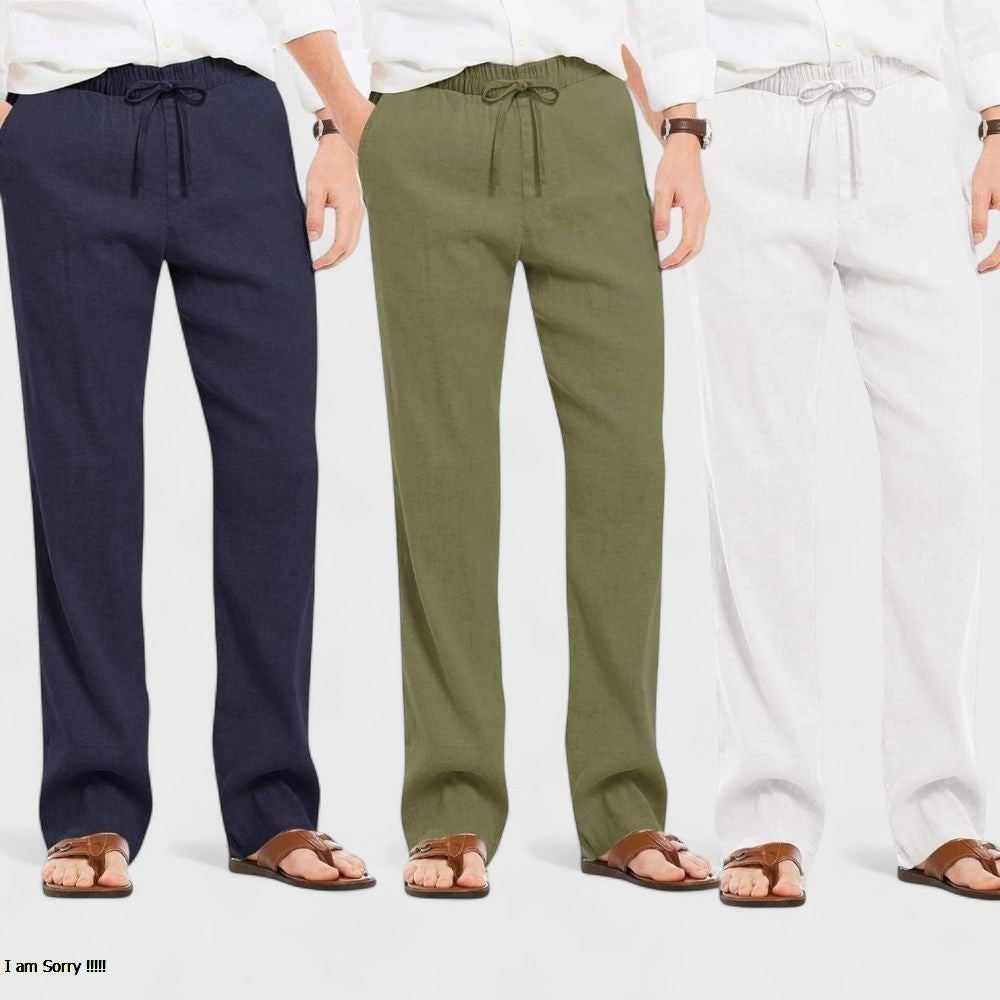 Combo of 3 Linen Loose Fit Men Pant White-Olive Green and Navy Blue-50459