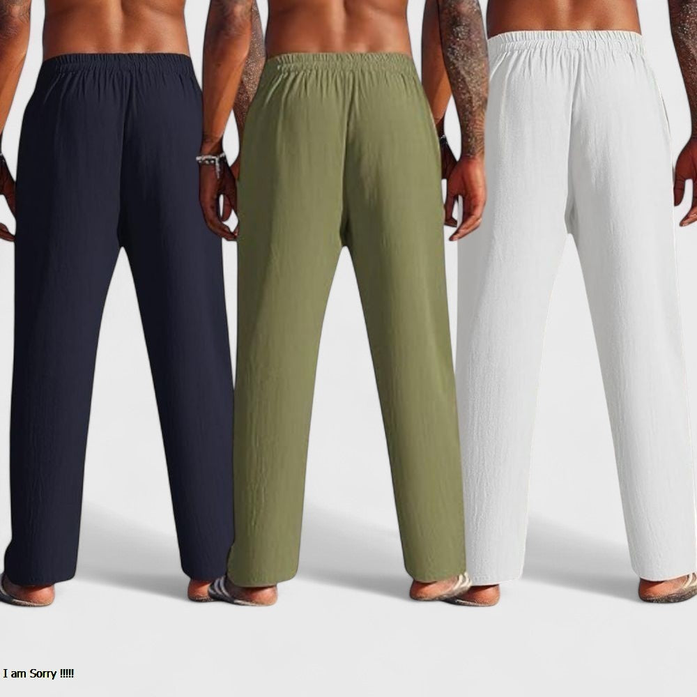 Combo of 3 Linen Loose Fit Men Pant White-Olive Green and Navy Blue-50459
