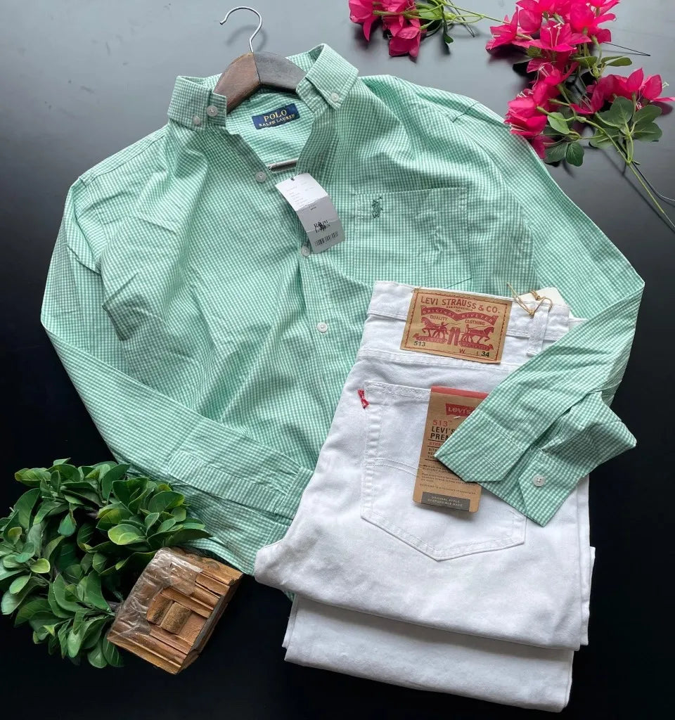 Polo Small Checks Shirt paired with White Jeans. Crafted from premium Paper Cotton fabric