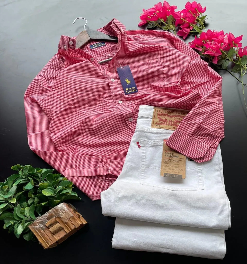 Polo Small Checks Shirt paired with White Jeans. Crafted from premium Paper Cotton fabric