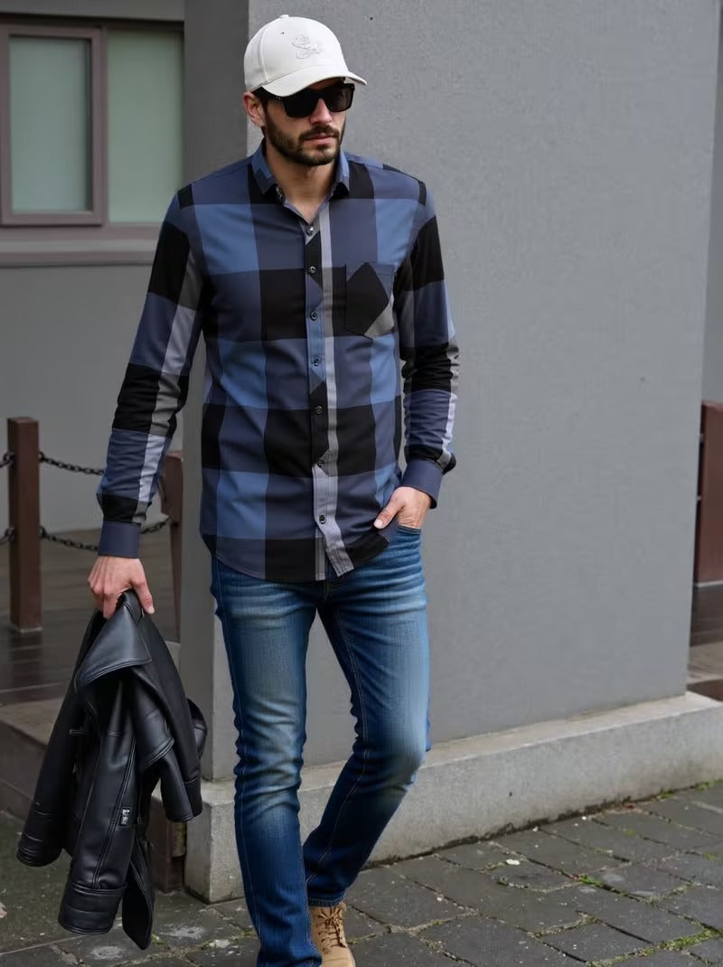 Men Full Sleeve Blue Check Casual Shirt (SKU-030)