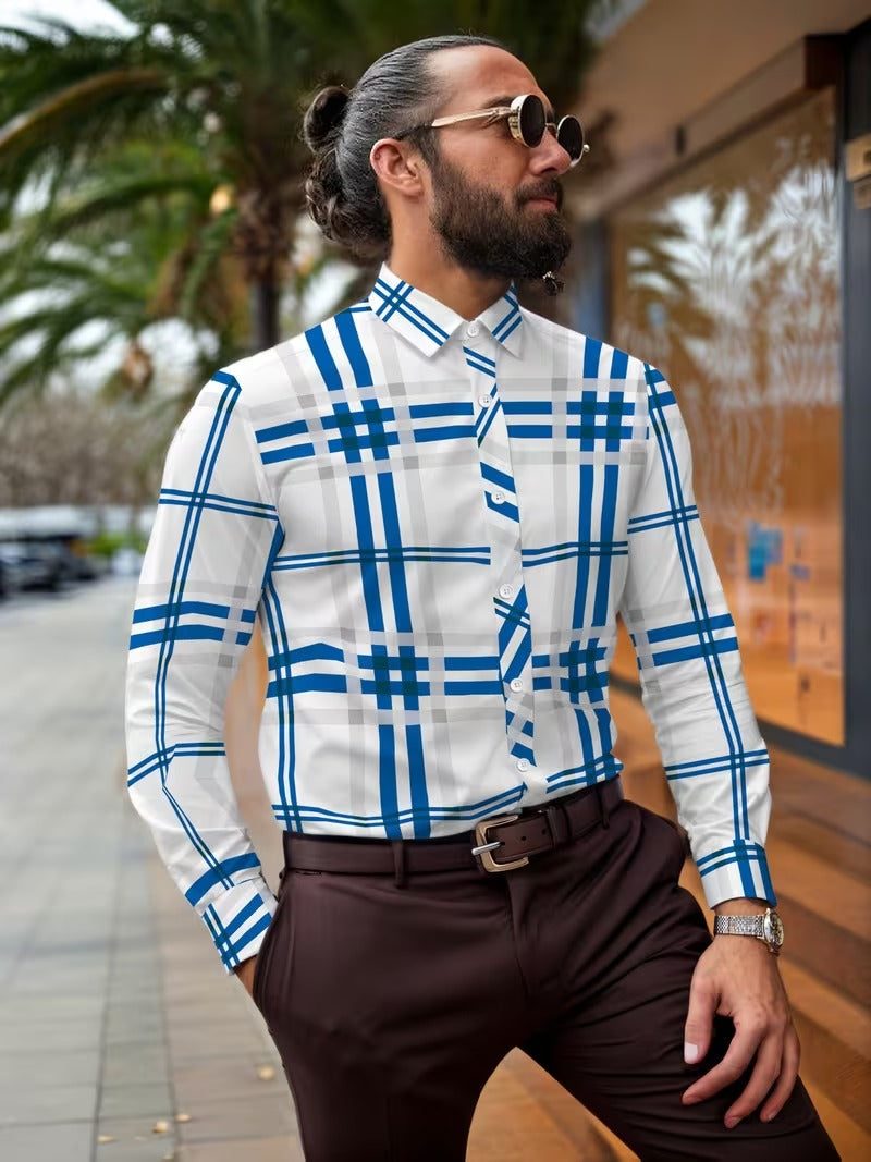 Men Full Sleeve White and Blue Line Casual Shirt (SKU-023)