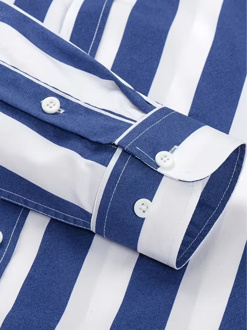 Men Full Sleeve White Blue Striped Casual Shirt (SKU-037)